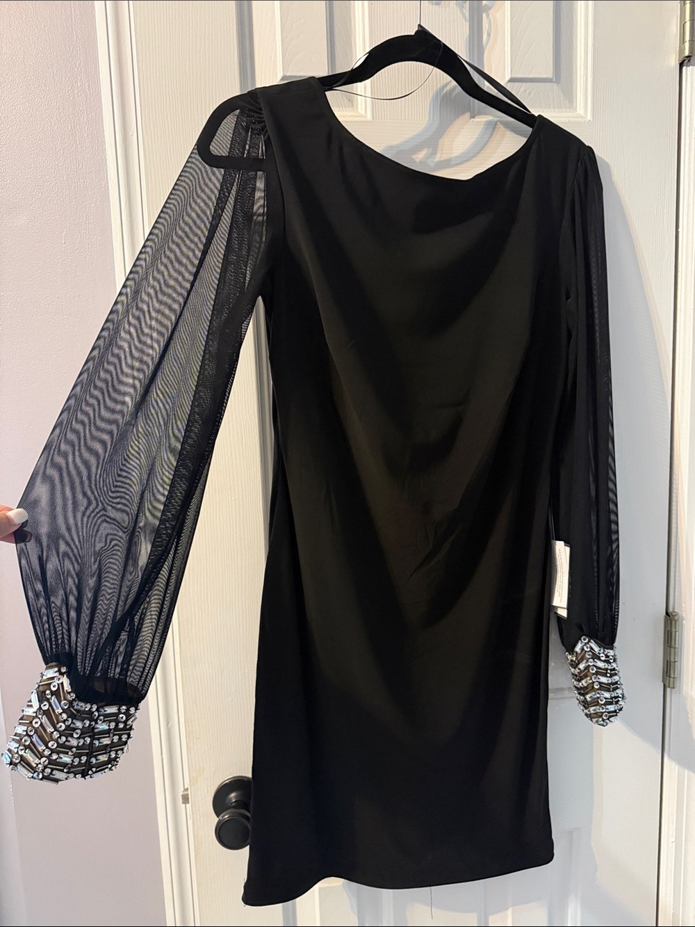 Jodi Kristopher Black Long-Sleeve Mesh Cuff Dress with Beaded Trim